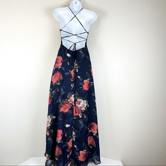 Lulu’s Aubree Navy Blue Floral Lace Up Maxi Dress Size S - Picture 2 of 14